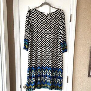 London Times Chevron Patterned Black White Blue Dress Size 12
